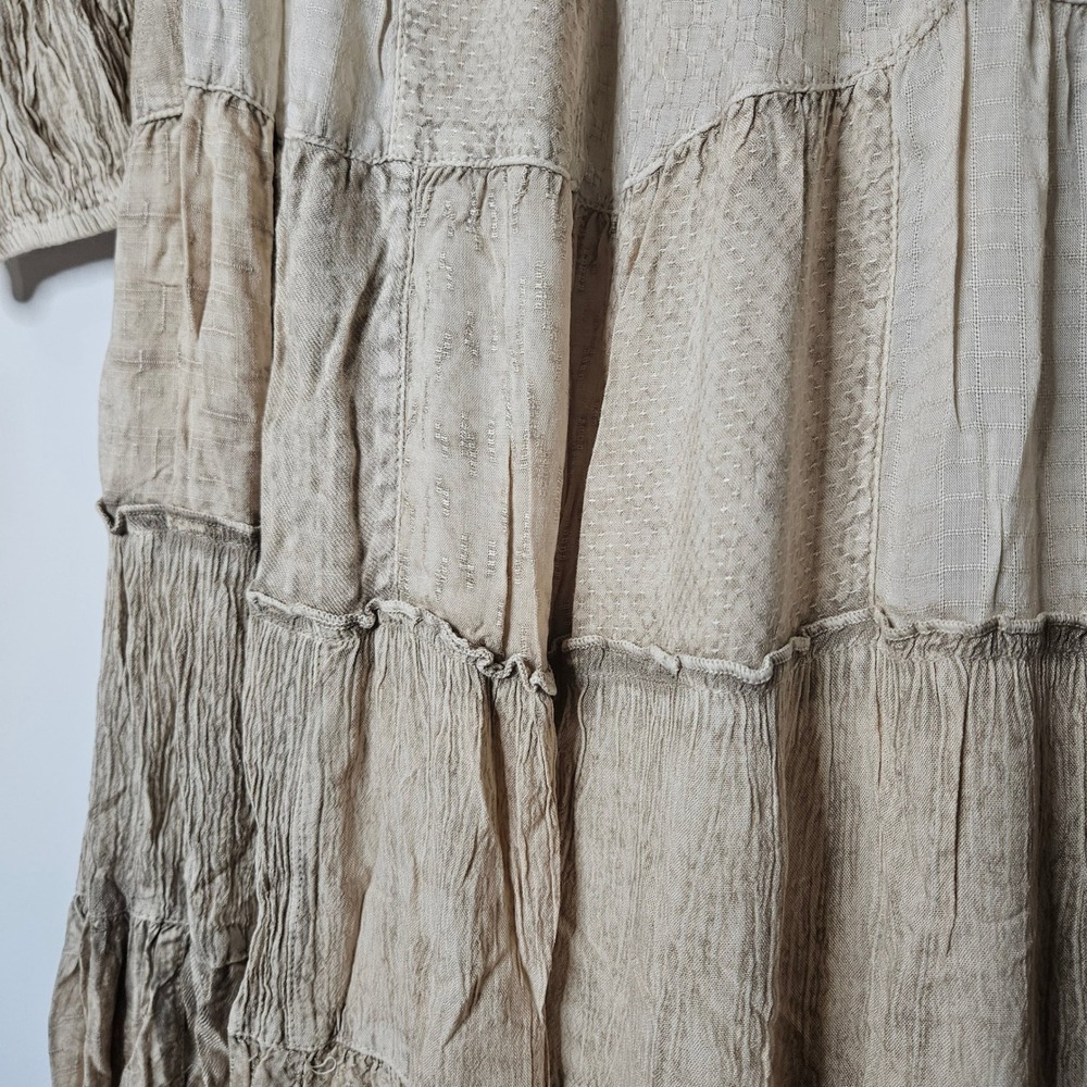 Young Threads Latte Cotton Boho Smocked Patchwork Neutral Flowy Maxi Dress NWT S - Picture 2 of 6